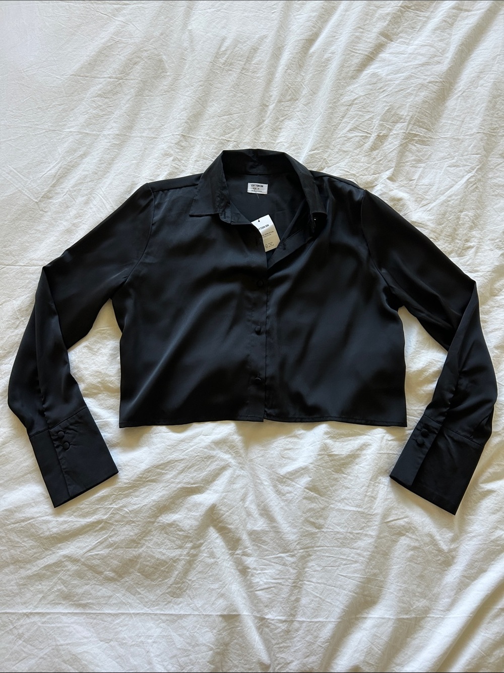 NWT Cotton On Santorini Long Sleeve Cropped Satin Shirt Black